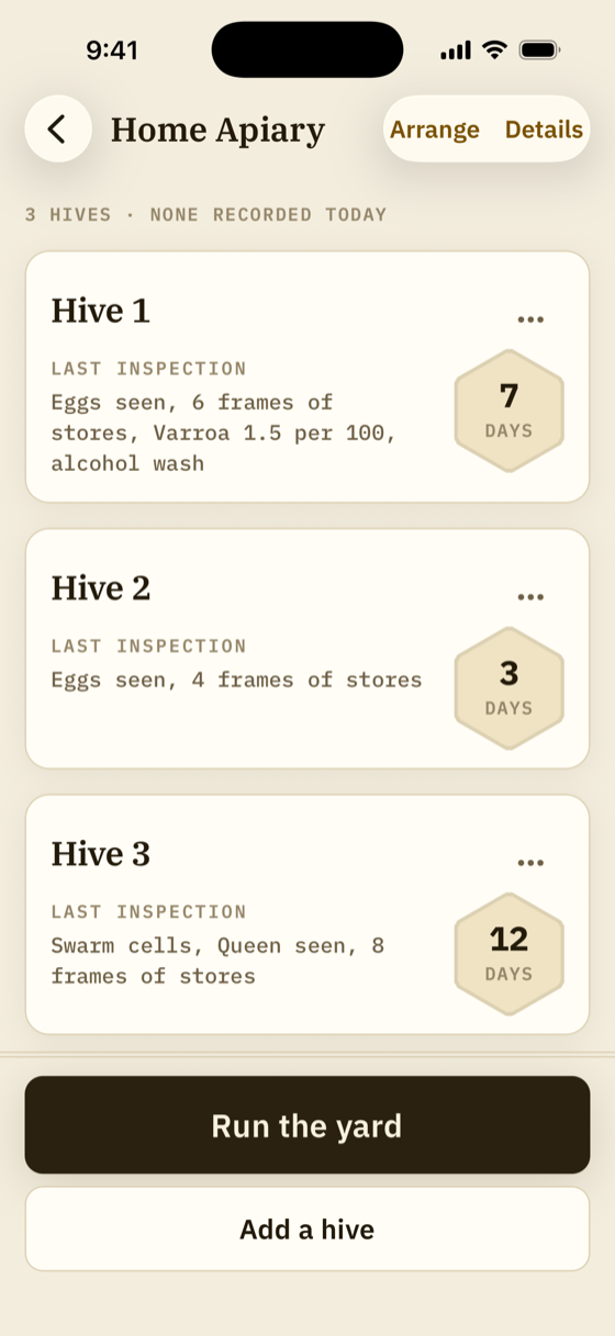 Hive list showing days since last inspection and recorded flags for each hive