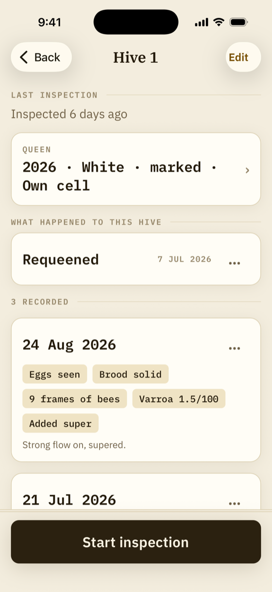 History timeline of past inspections on one hive, newest first