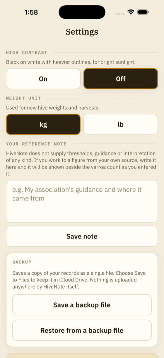 Settings, showing the high contrast toggle and the beekeeper's own reference note